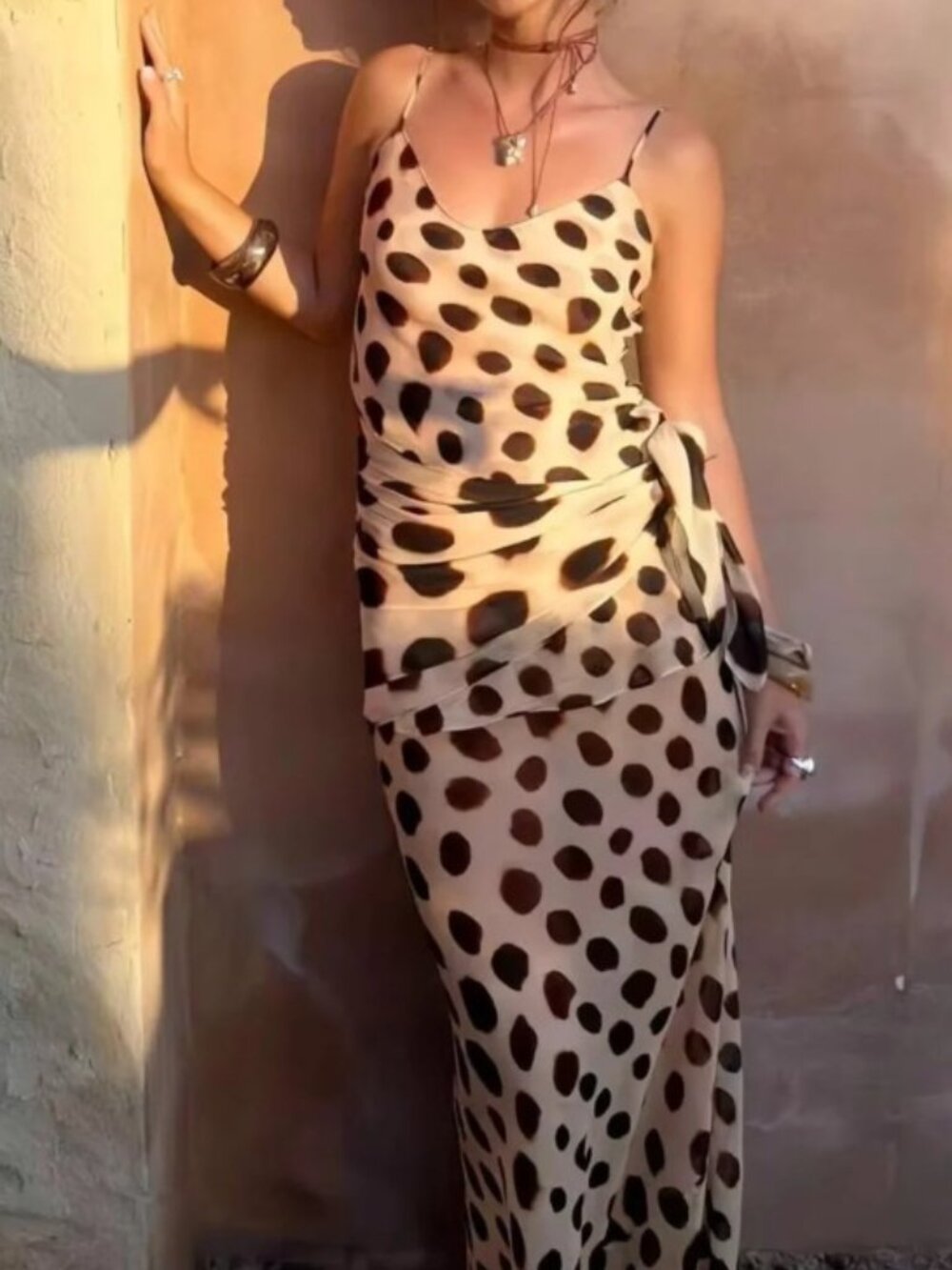Printed Slip Maxi Dress in Cream and Brown Rat & Boa inspired style